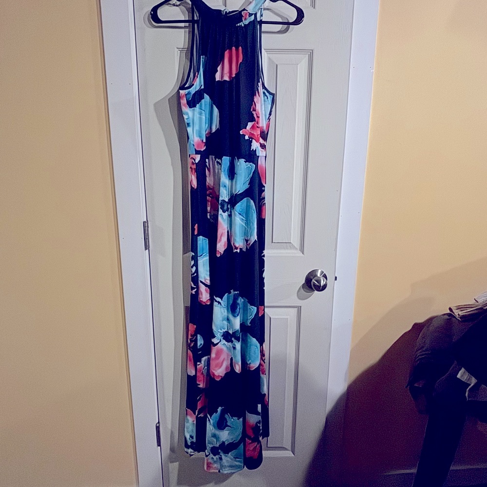 Navy Floral Maxi Dress with Pink and Blue Accents